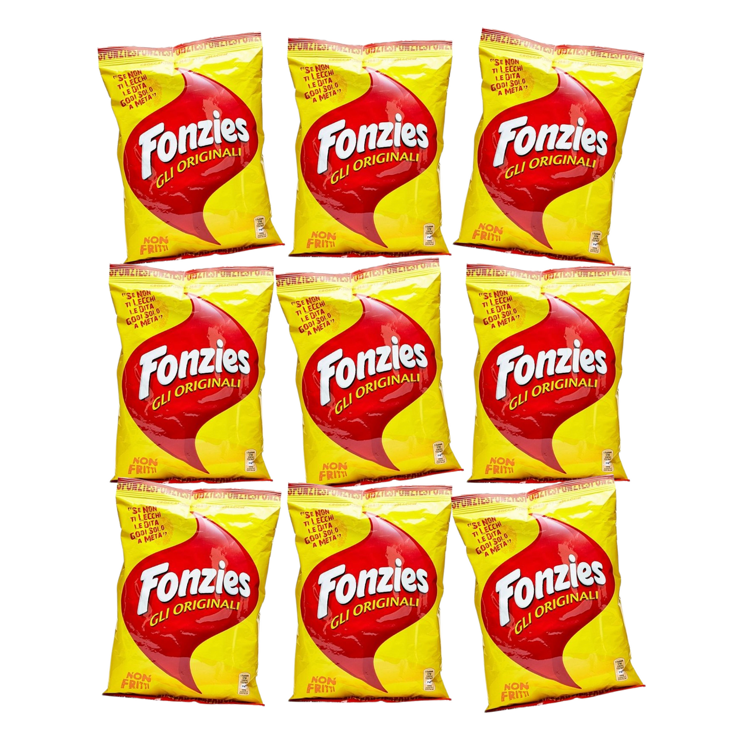 Nine packages of Fonzies Original snacks