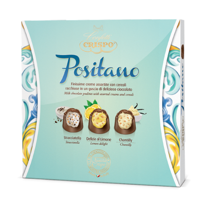 Crispo Positano chocolate packaging with illustrations of chocolate pieces on a light blue background