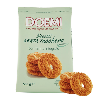 Packaging of DOEMI sugar-free cookies with integral flour on a light green background